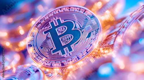 Cryptocurrency digital coin, glowing in vibrant light