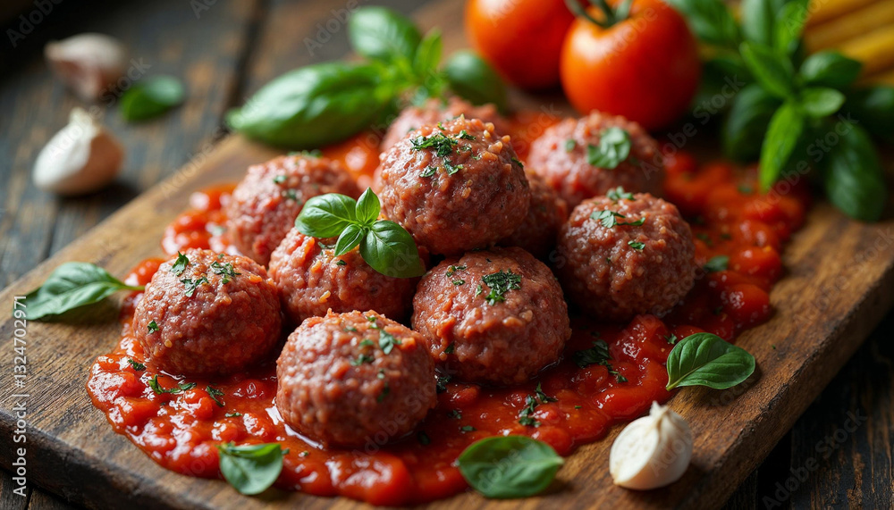 Raw feef meat balls basil tomato sauce garlic and spaghetti on butcher board Raw feef meat balls basil tomato sauce garlic and spaghetti on butcher board