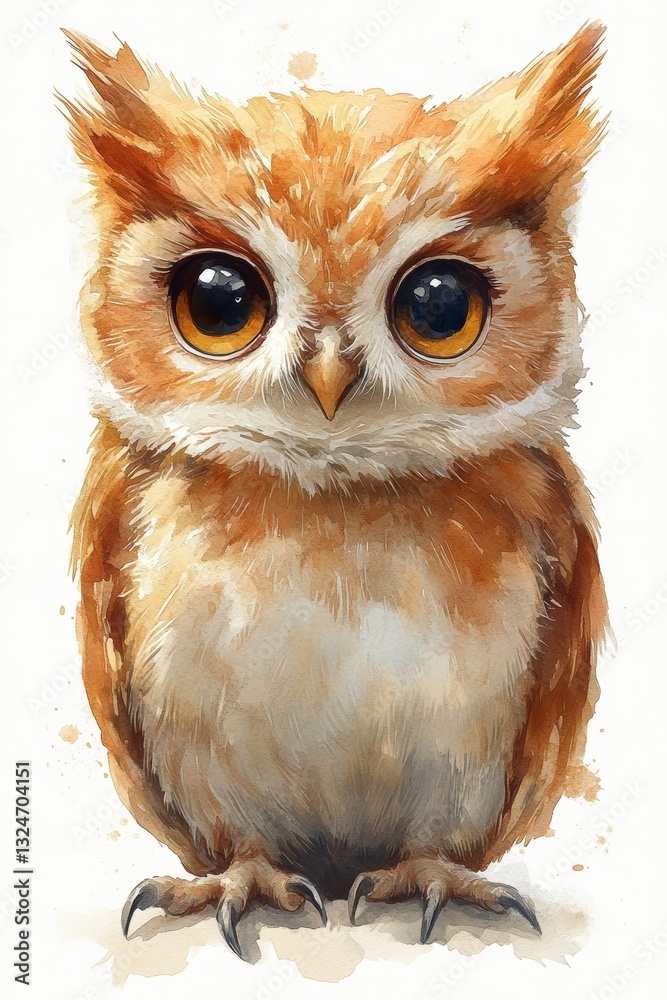 Naklejka premium Adorable Baby Owl Watercolor Illustration for Childrens Nursery Art Playful Cute Theme