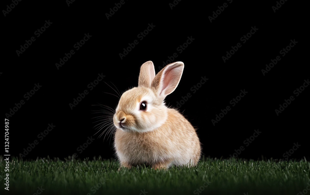 Obraz premium Adorable Brown Bunny Rabbit on Green Grass Against Black Background