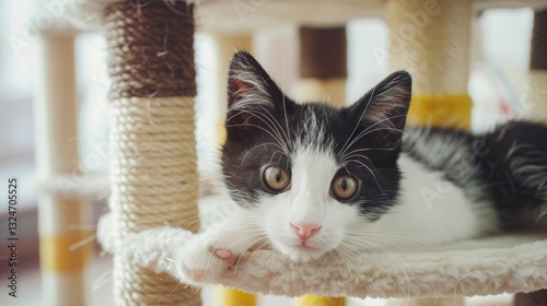 Adorable black and white cat playing on cat climber with clean lines and minimal background photo