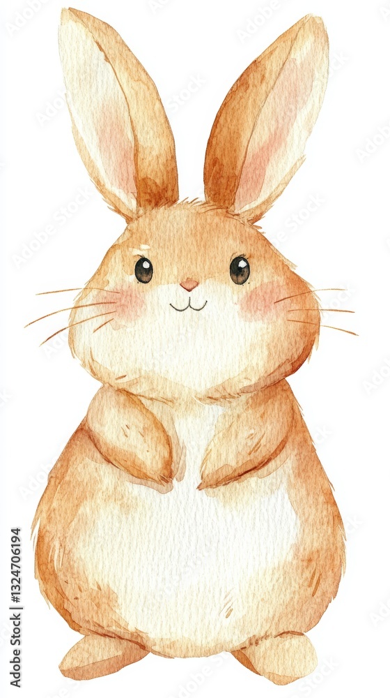 Fototapeta premium Adorable Chubby Bunny in Watercolor Simple Line Drawing with Minimalist Happy Elongated Shapes