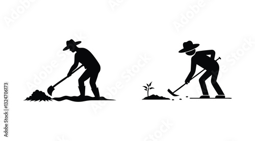 Farmer Icon Set | Black and White Agriculture Worker Illustration