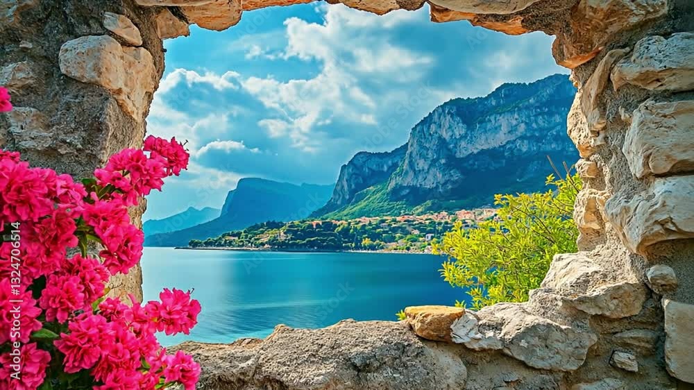A turquoise lake shimmers beyond a rustic stone arch decorated with vibrant blossoms. Concept of romantic scenery and immersive travel.