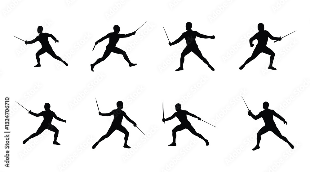 Fencing Silhouette Set | Sword Fight, Duel, Combat Sport Illustration Fencing Silhouette Set | Sword Fight, Duel, Combat Sport Illustration