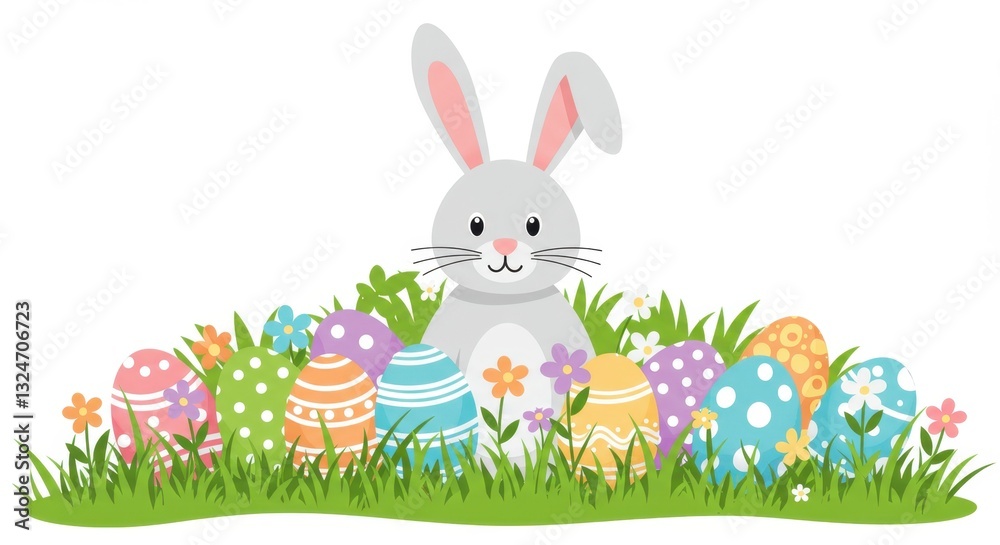Obraz premium Cute cartoon Easter bunny surrounded by colorful decorated eggs and flowers, celebrating the spirit of Easter