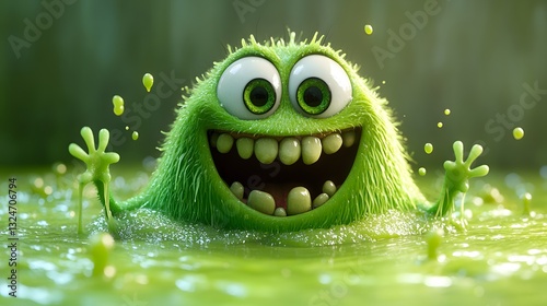 A Quirky Green Cartoon Monster Bounces in Goo with an Outrageous Smile, Emphasizing Whimsical Fantasy in Its Character Design