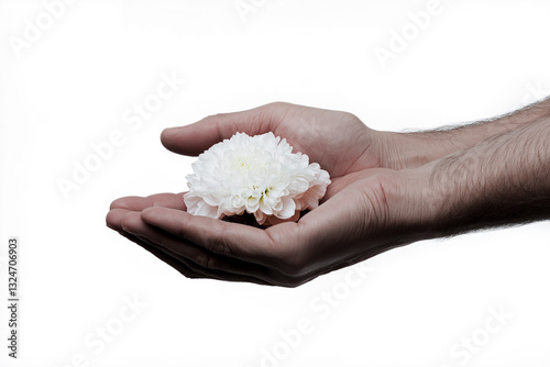 Two clasped hands hold a white flower, concept of respect and tolerance