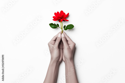 Close-up detail of two clasped hands holding a red flower, on a clear and uniform white background, concept of respect and tolerance