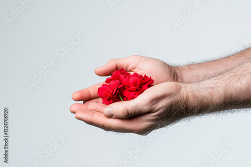 Close-up detail of two clasped hands holding a red flower, on a clear and uniform white background, concept of respect and tolerance