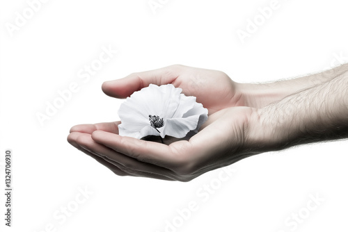 Two clasped hands hold a white flower, concept of respect and tolerance