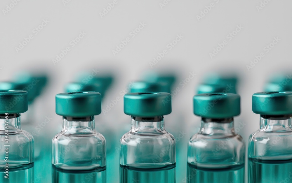 Teal-Capped Glass Vials with Clear Liquid on White Background Teal-Capped Glass Vials with Clear Liquid on White Background