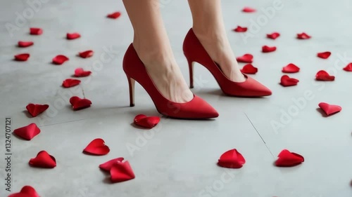 Elegant Steps Red Heels on a Bed of Rose Petals