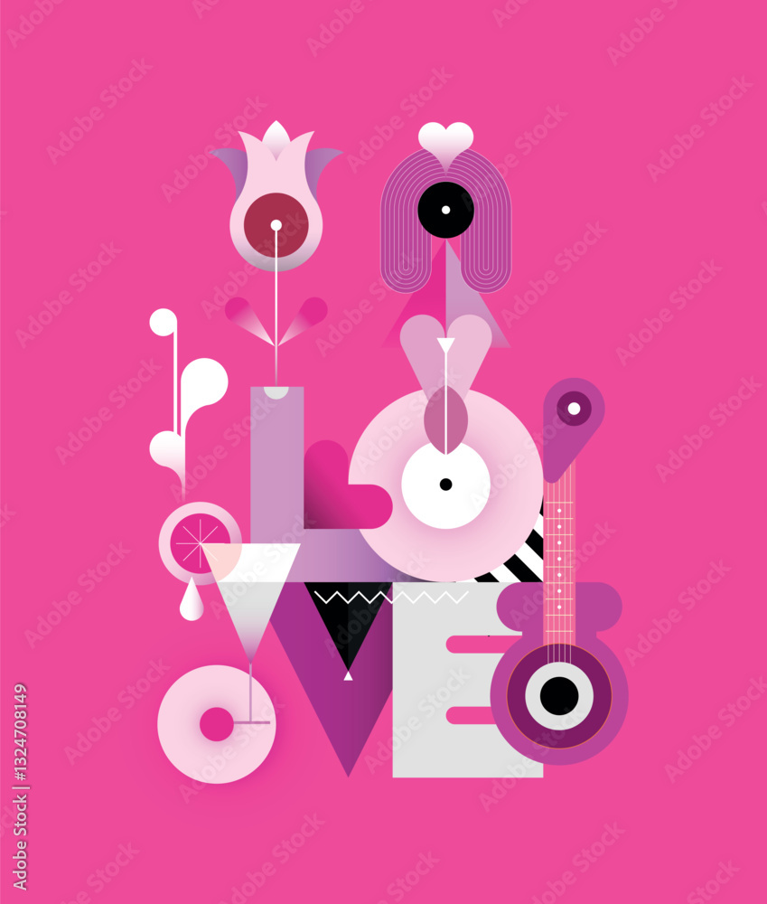 A geometric-style vector design of the word LOVE, featuring a female figure, a heart shape, a guitar, a cocktail, and a flower, all set against a red background.