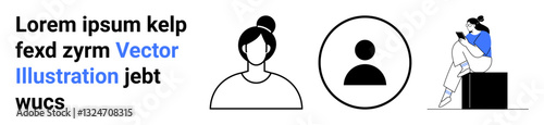 Profile icons of a womans head with bun hairstyle and circle avatar, next to woman reading a book, and sample text Ideal for user profiles, avatars, messaging, education, literature, personal