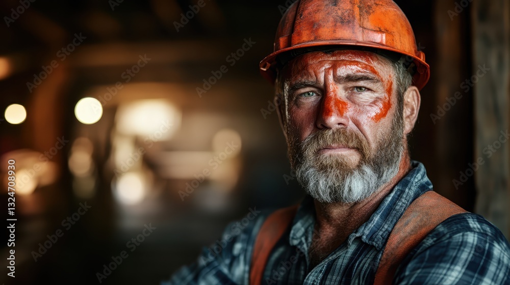 A focused miner, with a stark orange face paint, underscores the passion and determination found in the heart of the mining industry, embodying rich textures and emotions. A focused miner, with a stark orange face paint, underscores the passion and determination found in the heart of the mining industry, embodying rich textures and emotions.