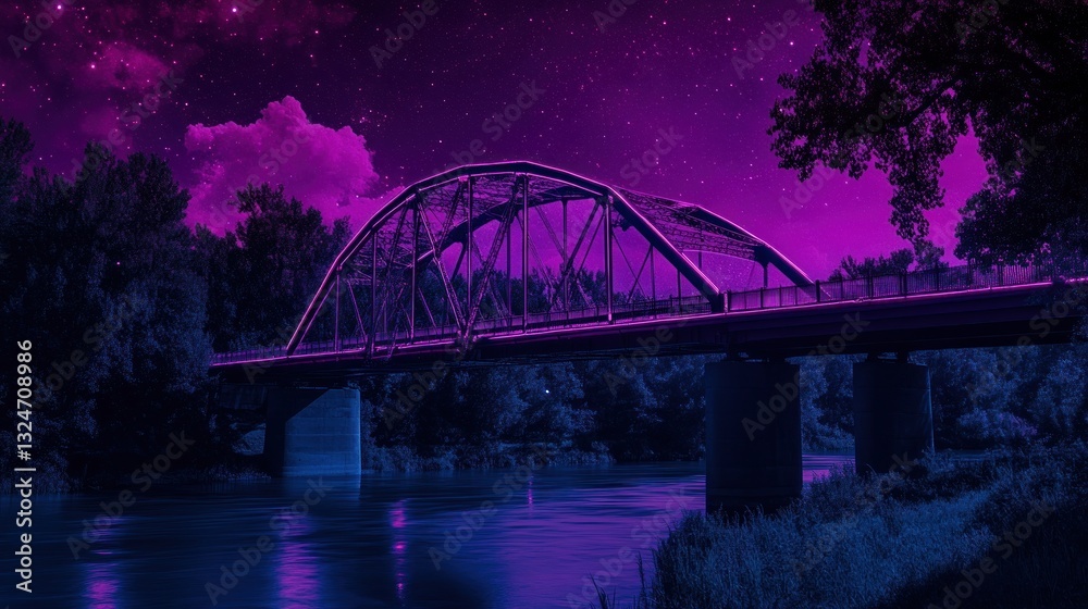 Fototapeta premium An illuminated bridge spans the flowing river at night