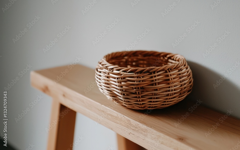Fototapeta premium Light Brown Wicker Basket on Light Wood Surface