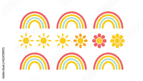 Rainbow Sun Flower Icons Colorful Cute Summer Clipart Set