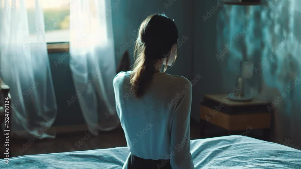 Contemplative morning: woman sits on bed reflecting by a sunlit window