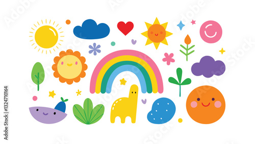 Cheerful Rainbow Sun Clouds Flowers Llama Happy Cute Design Elements