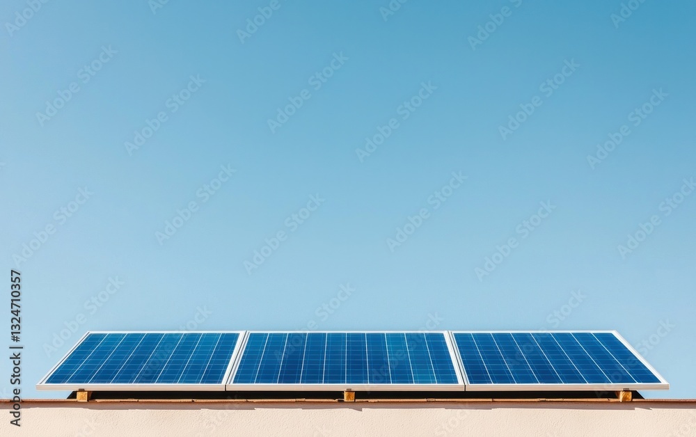Fototapeta premium Three Blue Solar Panels on Beige Surface Against Clear Blue Sky