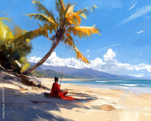 Find inner peace on a remote island with this serene image featuring a solitary palm tree gently swaying in the warm ocean breeze, providing shade for a meditative figure engrossed in contemplation