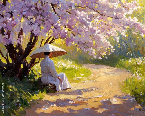 Find serenity in a peaceful orchard in full bloom with our stunning image A meditative figure sits peacefully under a flowering tree, bathed in the golden sunlight filtering through delicate petals