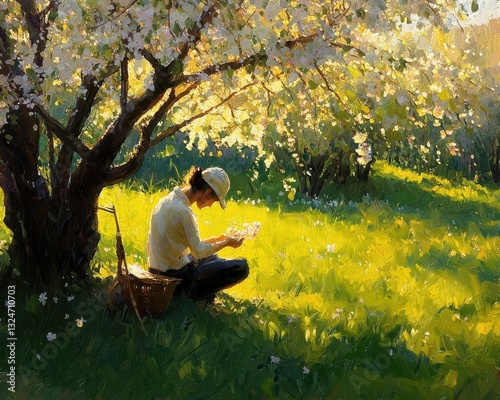 Find Serenity in Spring A peaceful orchard in full bloom, bathed in golden sunlight filtering through delicate blossoms Discover inner peace as a meditative figure sits under a flowering tree, lost