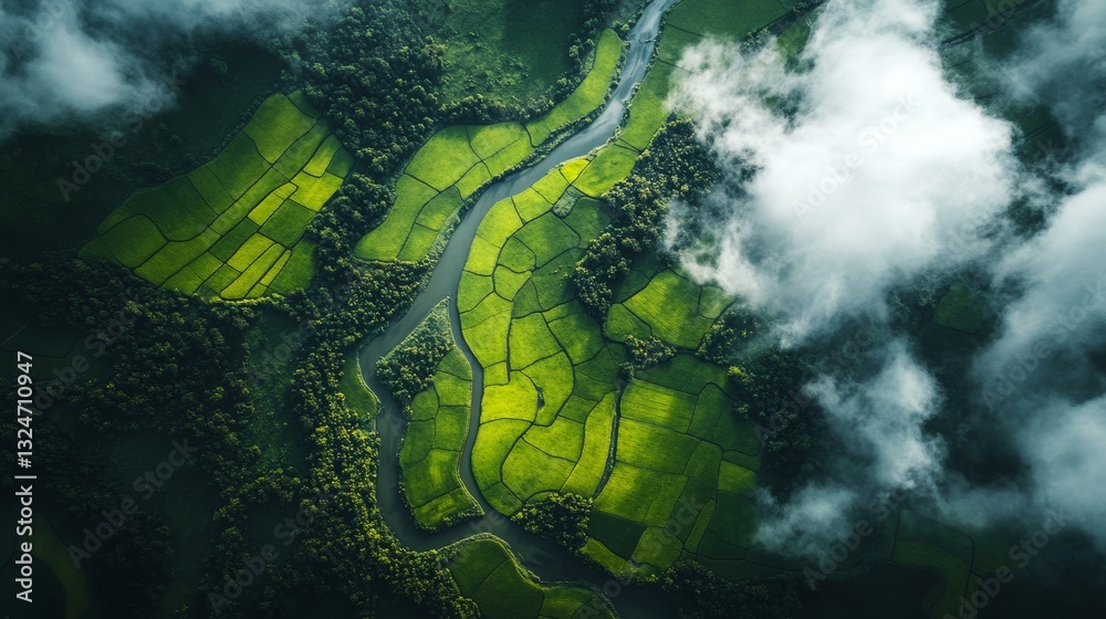 custom made wallpaper toronto digitalAerial view of a dark green agricultural landscape with rice fields and rivers under cloudy skies from a top down perspective