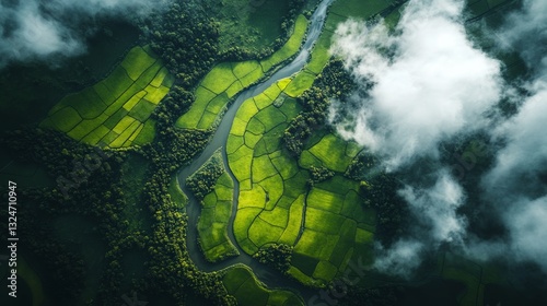 Aerial view of a dark green agricultural landscape with rice fields and rivers under cloudy skies from a top down perspective