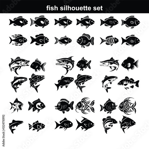 Silhouette fish animal set, guess black shape of animal. Seafood meal, edible. Game for child. Fish icon set Set of salmon silhouette in line art style.Fish vector by hand drawing.Fish tattoo  fish si