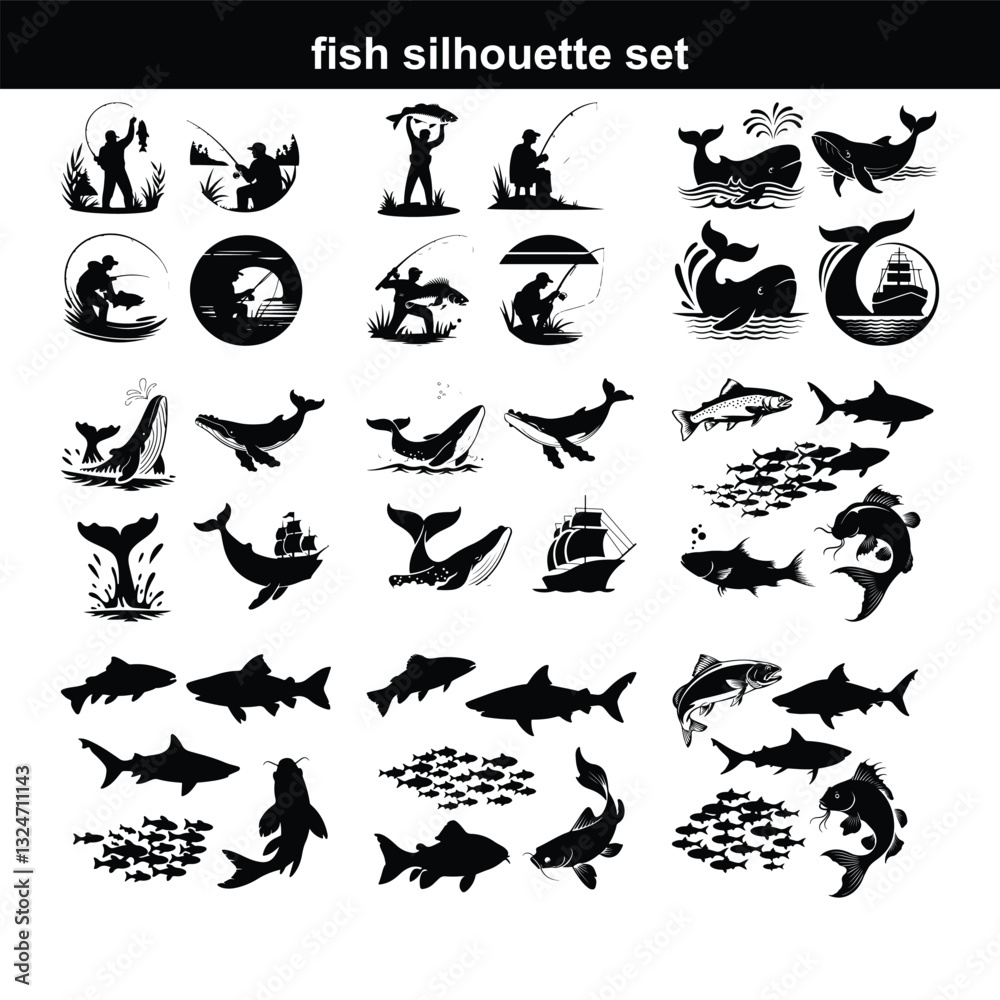 Naklejka premium Silhouette fish animal set, guess black shape of animal. Seafood meal, edible. Game for child. Fish icon set Set of salmon silhouette in line art style.Fish vector by hand drawing.Fish tattoo fish si
