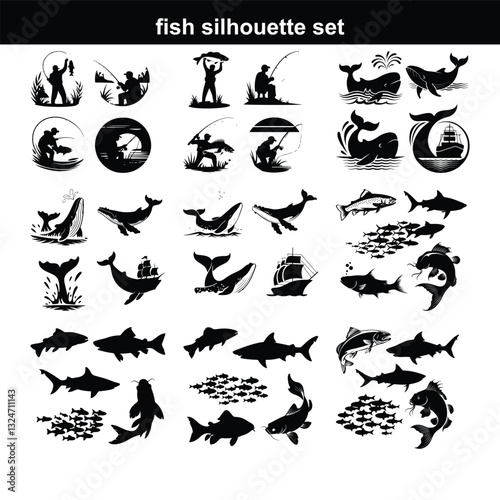 Silhouette fish animal set, guess black shape of animal. Seafood meal, edible. Game for child. Fish icon set Set of salmon silhouette in line art style.Fish vector by hand drawing.Fish tattoo  fish si