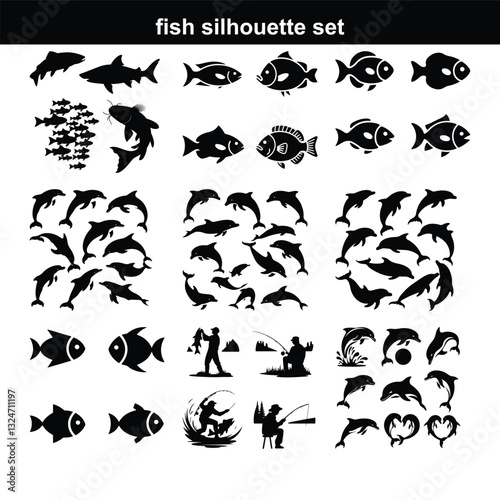 Silhouette fish animal set, guess black shape of animal. Seafood meal, edible. Game for child. Fish icon set Set of salmon silhouette in line art style.Fish vector by hand drawing.Fish tattoo  fish si
