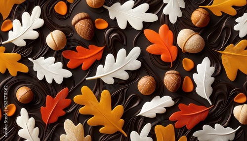 Immerse yourself in the captivating charm of autumn with this exquisite image showcasing an abstract swirl pattern, artfully intertwined with delicate, hand-drawn falling leaves and perfectly formed