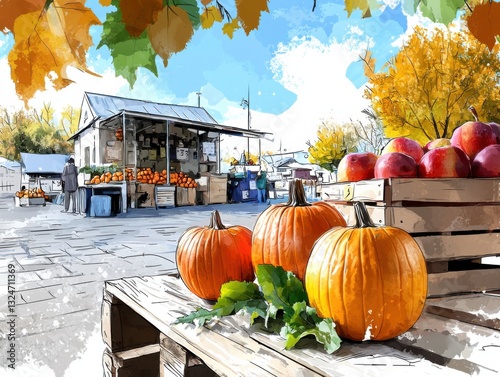 Immerse yourself in the charm of a cozy village market background bursting with autumnal splendor Witness the vibrant hues of pumpkins, the crisp allure of apples, and delightful hand-drawn fall