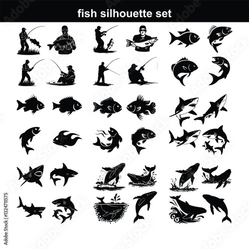Silhouette fish animal set, guess black shape of animal. Seafood meal, edible. Game for child. Fish icon set Set of salmon silhouette in line art style.Fish vector by hand drawing.Fish tattoo  fish si