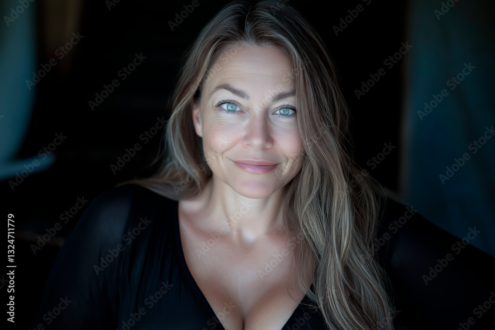 Fototapeta premium An attractive and confident woman in her 50s with long hair. She has great proportions, her face has a touch of mischief. Beautiful, cute, carefree, adventurous, playful, looking into the camera