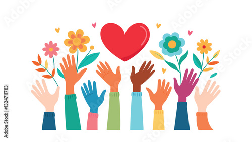 Diverse Hands Raised, Flowers, Heart Unity, Love, and Charity