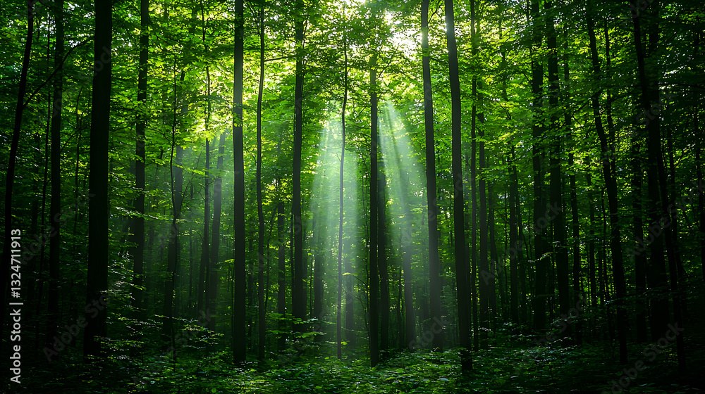Lush Green Forest Interior With Sunlight Streaming Through Dense Canopy Creating Atmospheric Rays Lush Green Forest Interior With Sunlight Streaming Through Dense Canopy Creating Atmospheric Rays