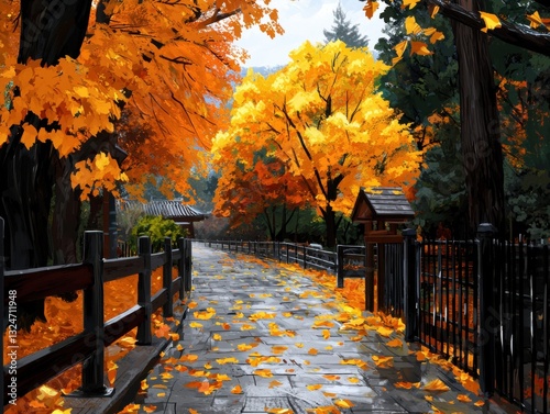 Immerse yourself in the serene beauty of a hand-sketched tree-lined pathway painted with the vibrant hues of golden autumn foliage, enveloped in a gentle misty ambiance This idyllic scene captures