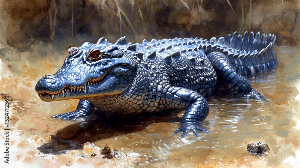 Obraz premium African Crocodile Floating in Water with Clean Lines and Texture Close Up