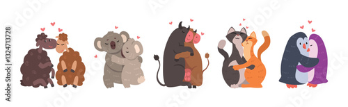 Animal Couple in Love Embrace and Hug Vector Set