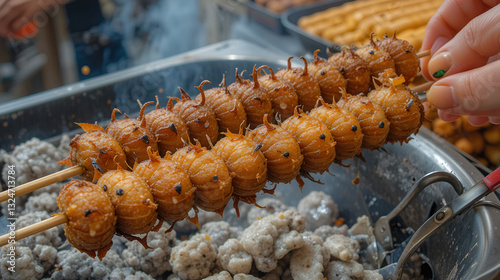 Grill and fried silkworm pupae on stick from Wangfujing street at Beijing, China