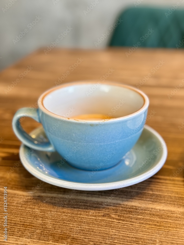 Magnificent latte art in a charming blue cup on a cozy wooden table. A half-drunk latte by a customer in a bright blue cup on a wooden surface Magnificent latte art in a charming blue cup on a cozy wooden table. A half-drunk latte by a customer in a bright blue cup on a wooden surface