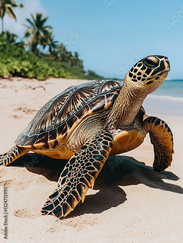 Obraz na płótnie Turtle on beach. Sand, ocean, tropical palms. Wildlife, nature, scenic w salonie