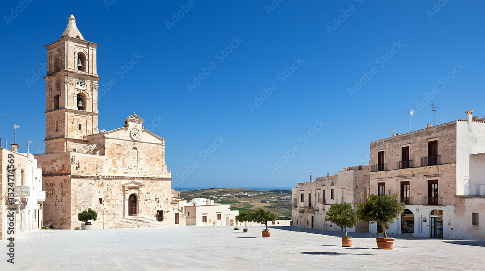 Ancient Stone Church With Bell Tower In A Town Square Under A Clear Blue Sky Daytime Scene