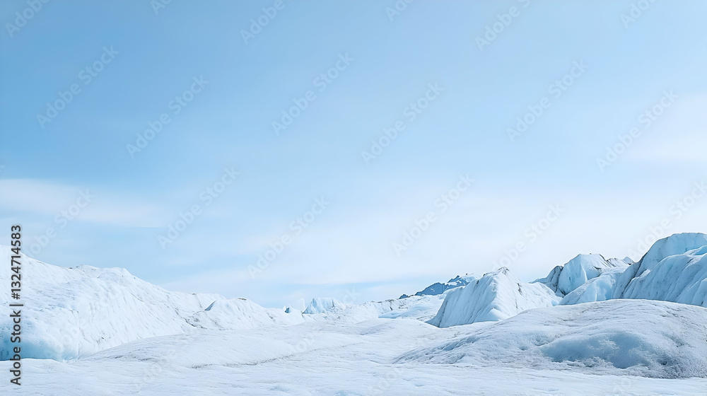 Expansive Glacial Landscape Under Blue Sky Showing Snow Covered Mountains and Ice Forms Expansive Glacial Landscape Under Blue Sky Showing Snow Covered Mountains and Ice Forms