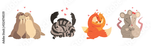 Animal Couple in Love Embrace and Hug Vector Set
